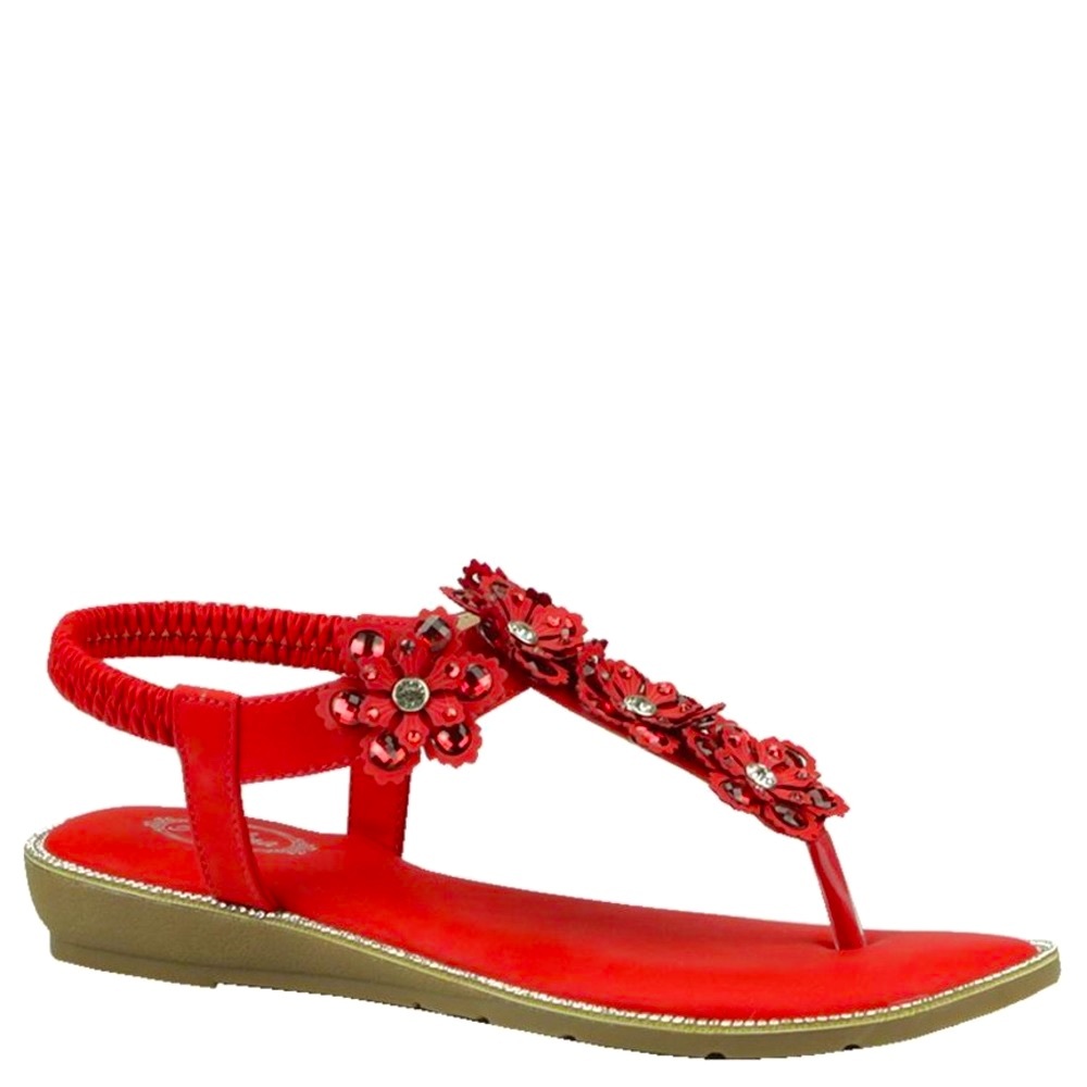 Red Flower Italina Rhinestone Thong Wedge Sandal - Picture 6 of 11